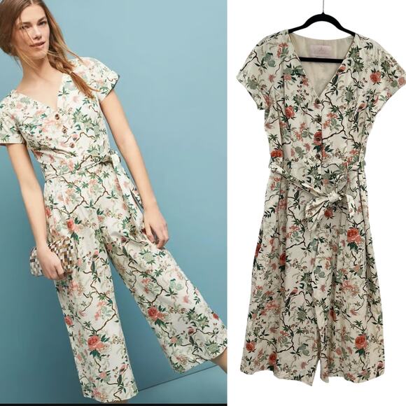 Gal Meets Glam Sophia Floral Jumpsuit Cream Green Petites Size 12P - Picture 1 of 14